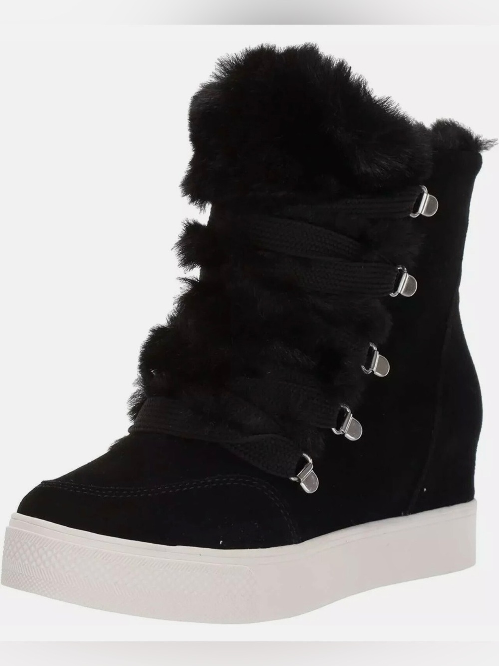 Steve Madden Women's WHARTON Faux Fur Trim Lace-Up Wedge Sneakers